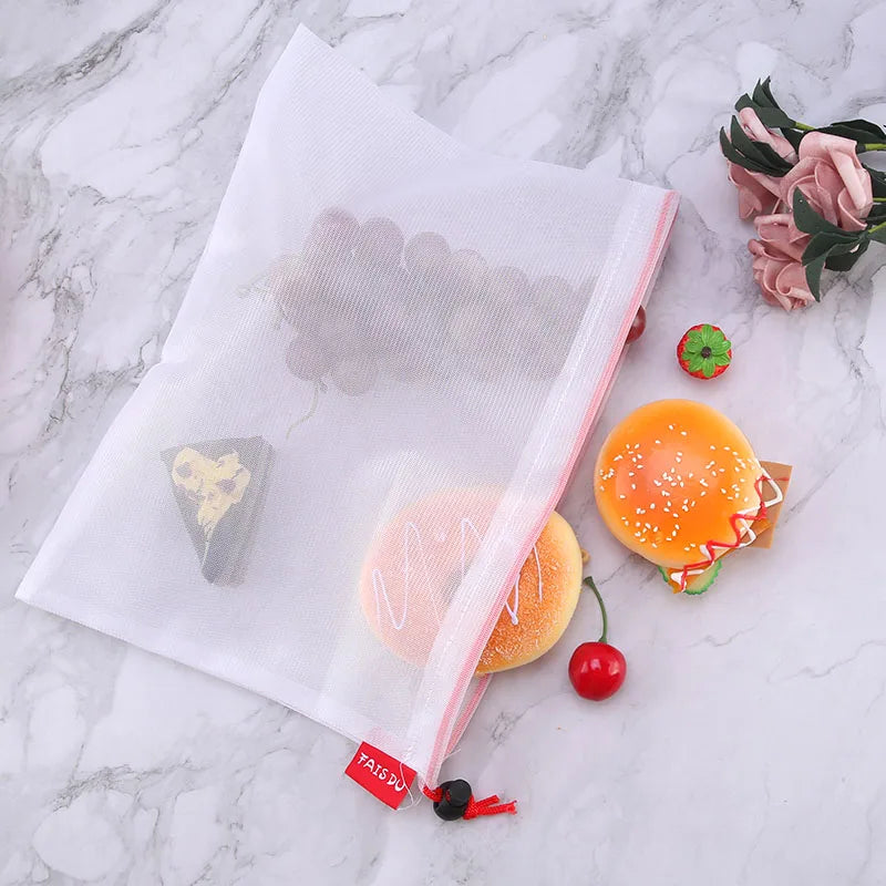 FAIS DU 5pcs Mesh Reusable Storage Bags Comes With Logo Fruit Vegetable Home Washable Bags Kitchen Storage Bags Storage Supplies