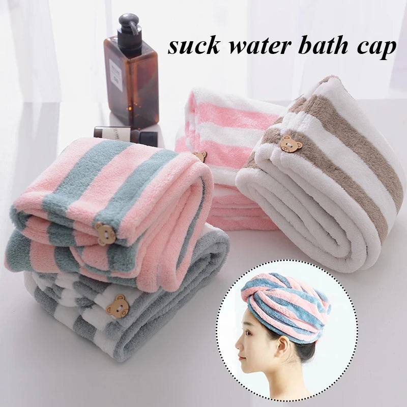 Striped Dry Hair Cap Towel Absorbent Dry Hair Cap Bathroom Bath Shower Cap Soft Turban Towel