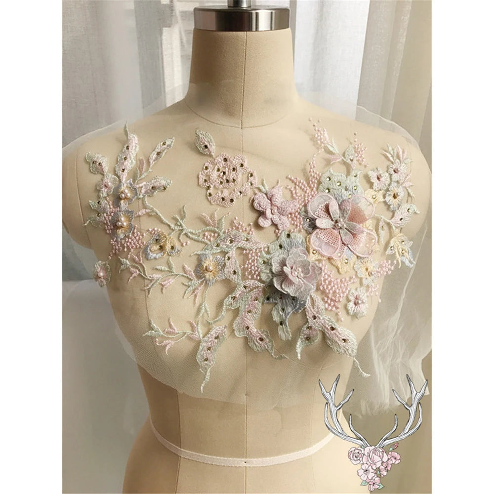 3D Flowers Beaded Lace Fabrics Applique Embroidery Sewing On Patches For Wedding/Evening Dress Clothing Patches Scrapbooking