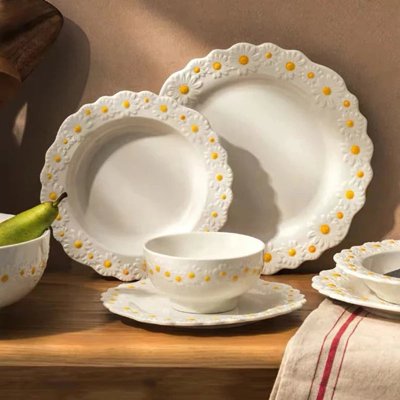 Ceramic Embossed Little Daisy Plate Dinner Set Household Dishes Rice Soup Bowl Meal Plate Bakeware Kitchen Tableware