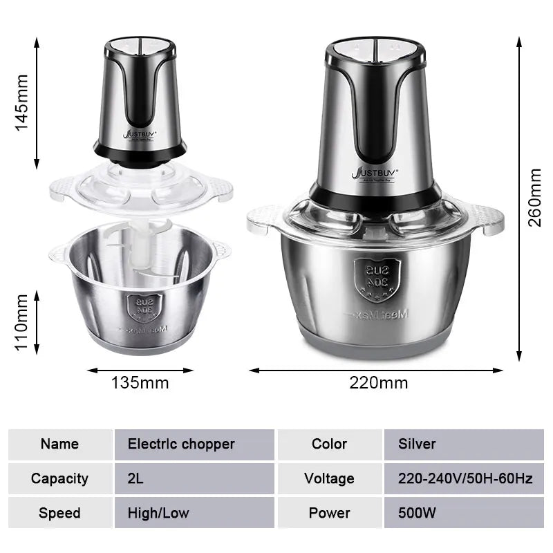 With Spare Knife 500W Stainless Electric Chopper Meat Grinder Mincer baby Food Processor 2 Speed 2L Capacity