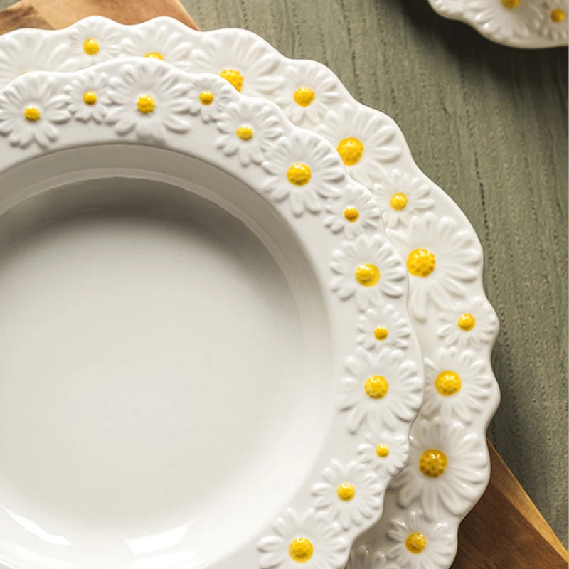 Ceramic Embossed Little Daisy Plate Dinner Set Household Dishes Rice Soup Bowl Meal Plate Bakeware Kitchen Tableware