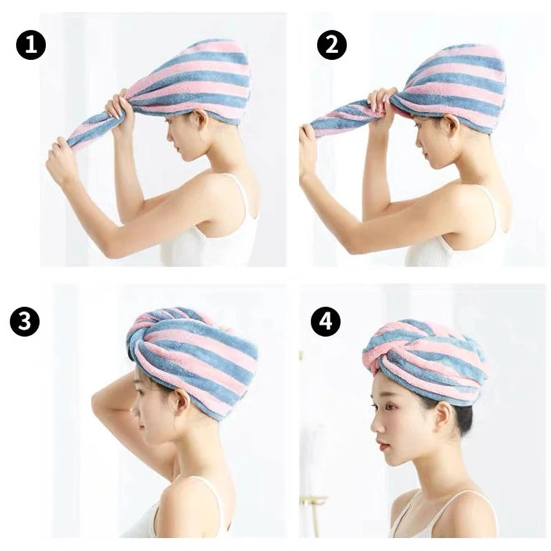 Striped Dry Hair Cap Towel Absorbent Dry Hair Cap Bathroom Bath Shower Cap Soft Turban Towel