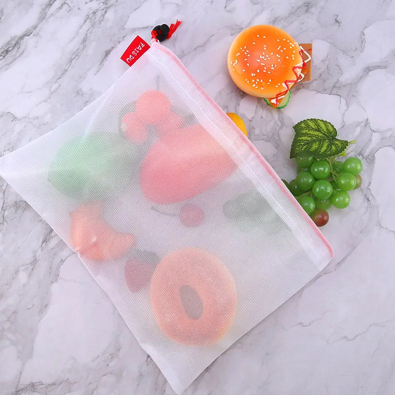FAIS DU 5pcs Mesh Reusable Storage Bags Comes With Logo Fruit Vegetable Home Washable Bags Kitchen Storage Bags Storage Supplies