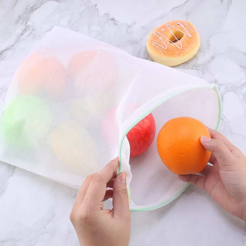FAIS DU 5pcs Mesh Reusable Storage Bags Comes With Logo Fruit Vegetable Home Washable Bags Kitchen Storage Bags Storage Supplies