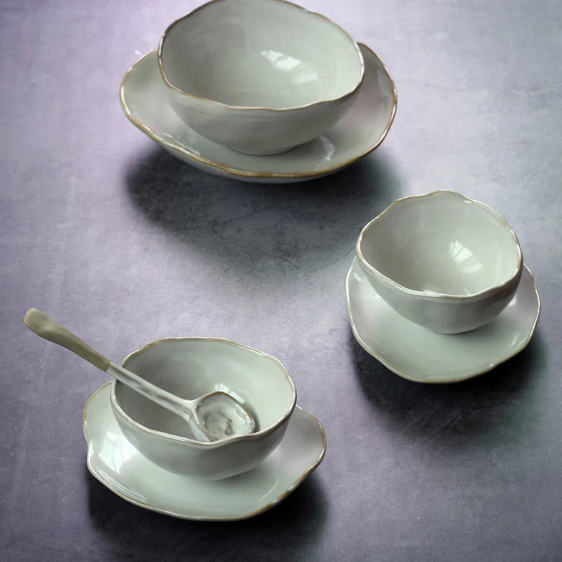 Nordic Ceramic Tableware Uregelmæssig risskål Dessert Salat Bowl krydderi Skål Flatpladefatretter og plader sæt