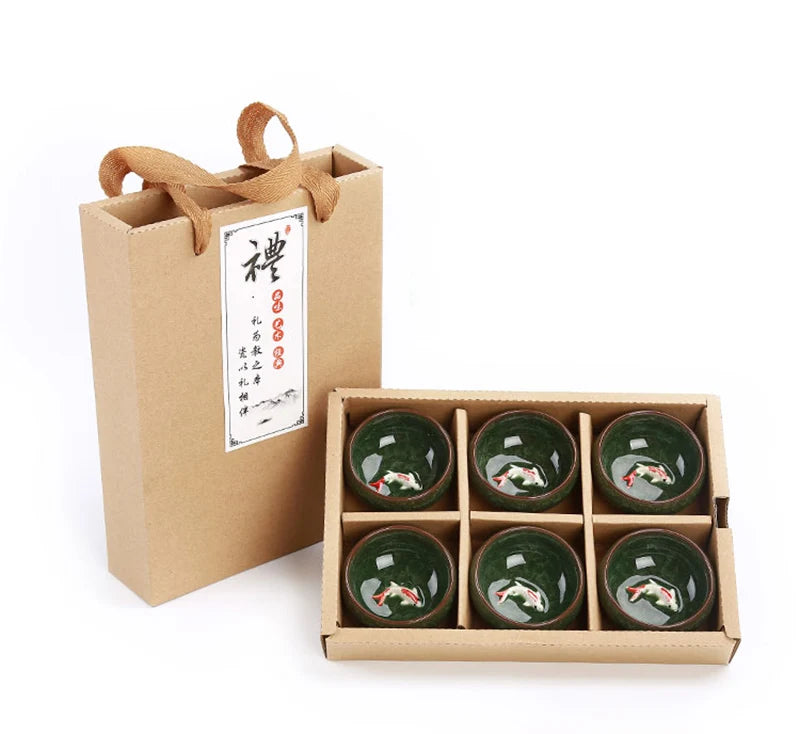 Dāvanu pakete 6gab 3d zelta zivju porcelāna tējas tases komplekts, Kung Fu tējas komplekts Crackle Glaze ceļojumu tējas bļoda ķīniešu tējas tējas komplekti