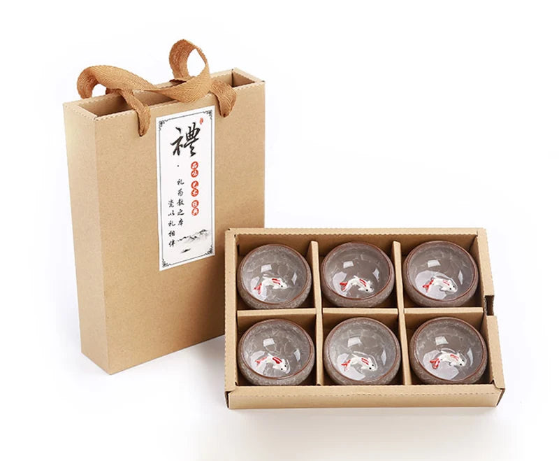Dāvanu pakete 6gab 3d zelta zivju porcelāna tējas tases komplekts, Kung Fu tējas komplekts Crackle Glaze ceļojumu tējas bļoda ķīniešu tējas tējas komplekti