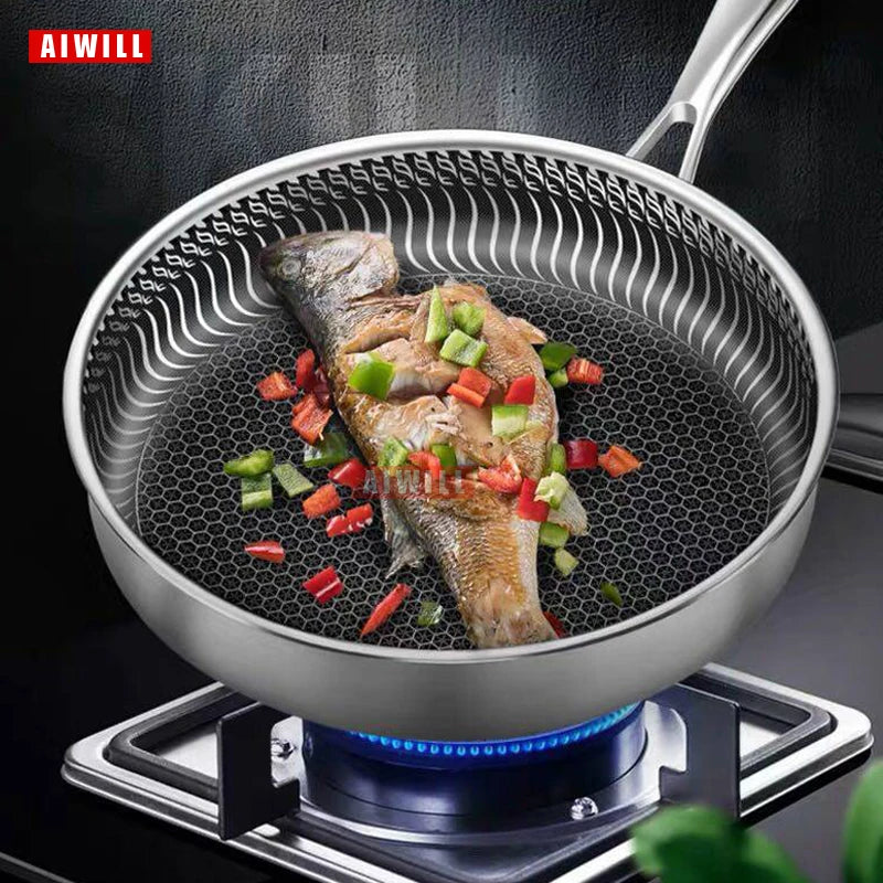 AIWILL Kitchen Quality 316/304 Stainless Steel Frying Pan Nonstick Pan Cooking Fried Steak Pot Skillet Gas/Induction Cookware