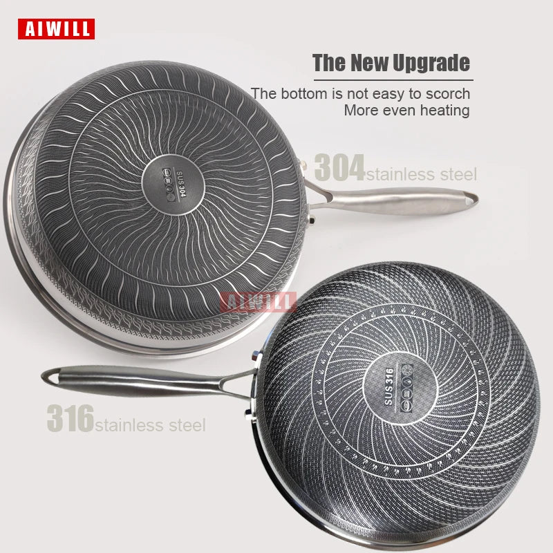 AIWILL Kitchen Quality 316/304 Stainless Steel Frying Pan Nonstick Pan Cooking Fried Steak Pot Skillet Gas/Induction Cookware