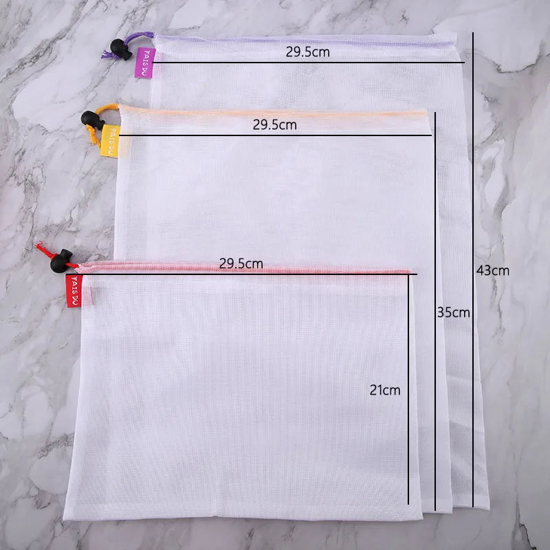 FAIS DU 5pcs Mesh Reusable Storage Bags Comes With Logo Fruit Vegetable Home Washable Bags Kitchen Storage Bags Storage Supplies