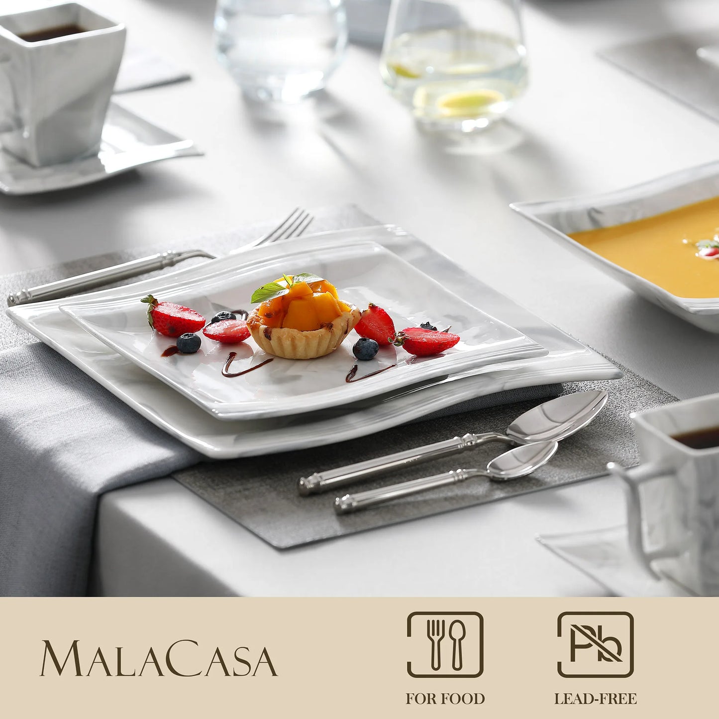Malacasa Flora 30/60pcs Μαρμάρι πορσελάνη σερβίτσιο με 12*πλάκα δείπνου, πλάκα επιδόρπιο, πλάκα σούπας, κύπελλα και σετ επιτραπέζιων σκελετών