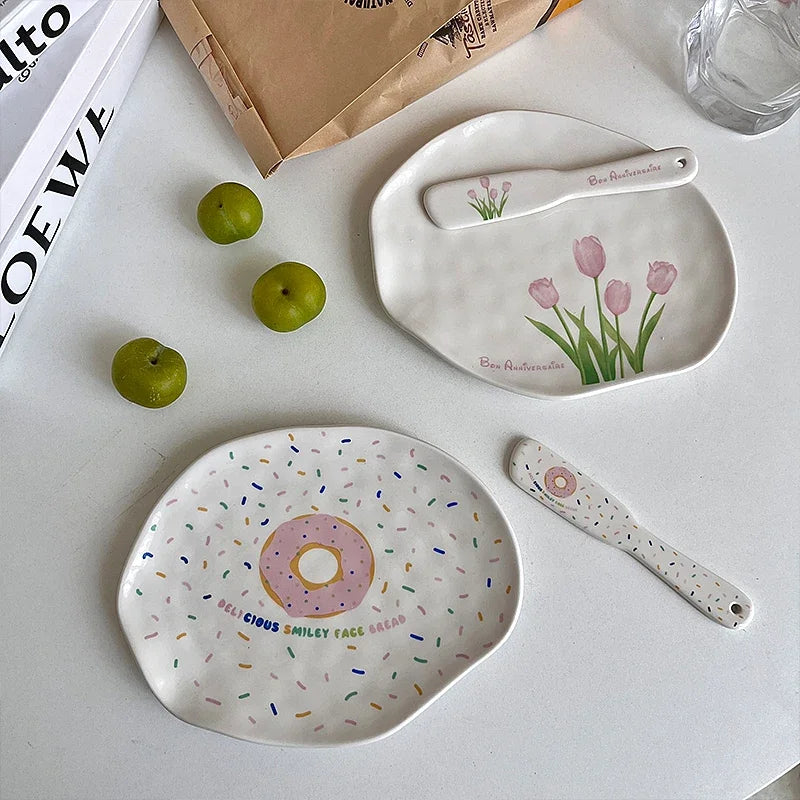 Ceramic Plate Dinner Set INS Lovely Tulip Donuts Butter Cheese Knife French Dessert Plate Jam Cream Spatula Wedding Tableware
