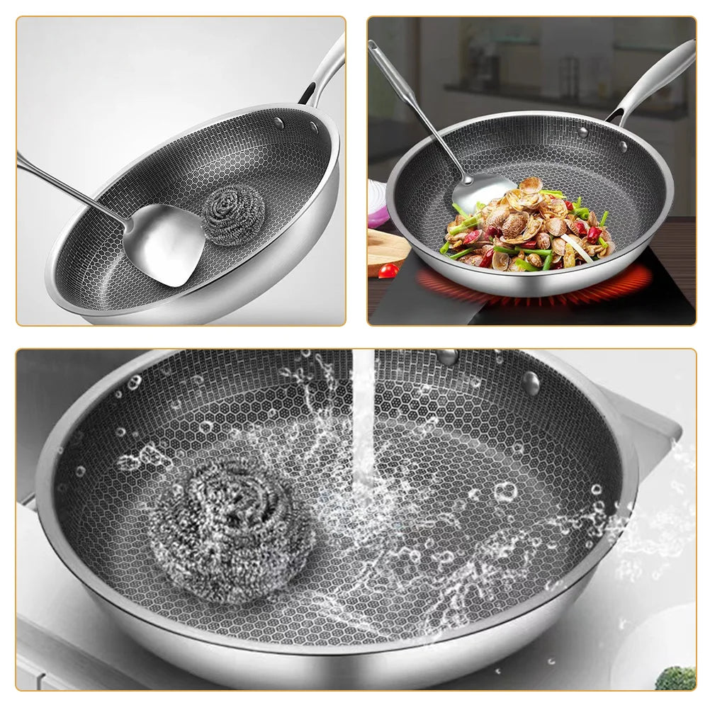 Stainless Steel Wok Non Stick Honeycomb Double Sided Stir-fry Pan Non-stick Cookware Cooker New