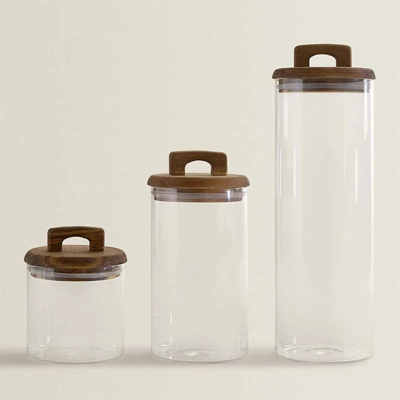 650/1100/1800ml Glass Food Storage Tank with Wooden Lid Kitchen Coffee Beans Candy Tea Grains Canister Home Snacks Storage Jar