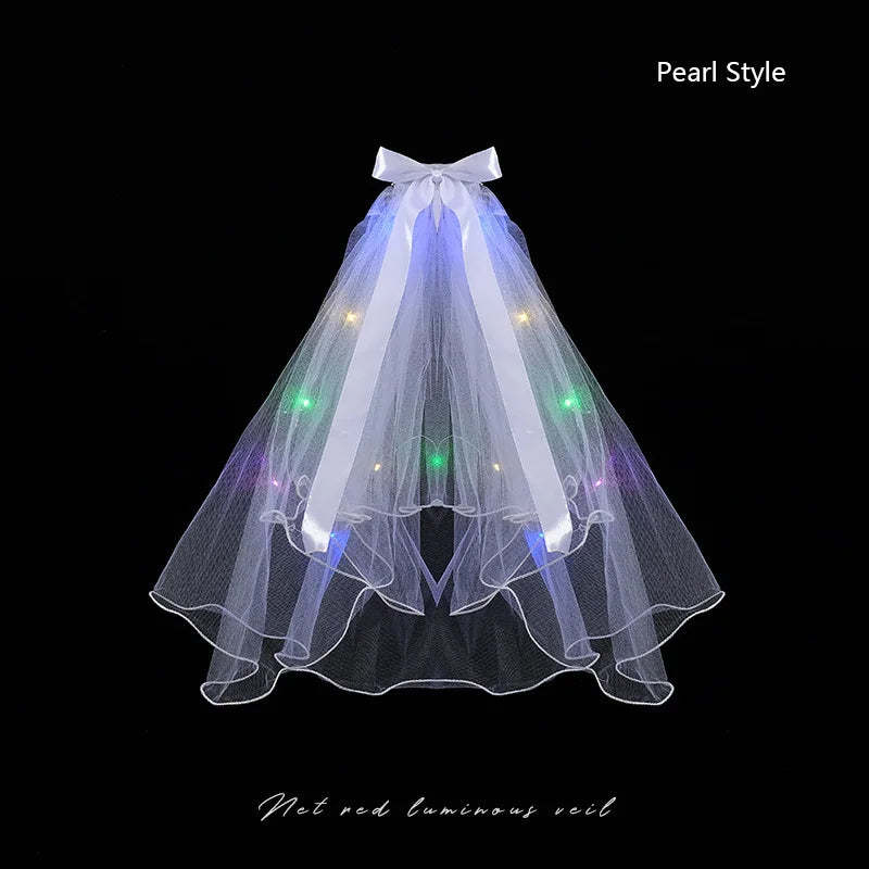 1pcs Glow Wedding Veil LED Light Bowknot Pearl Veil Glow In The Dark Party Favor Wedding Birthday Party Cosplay Hair Accessories