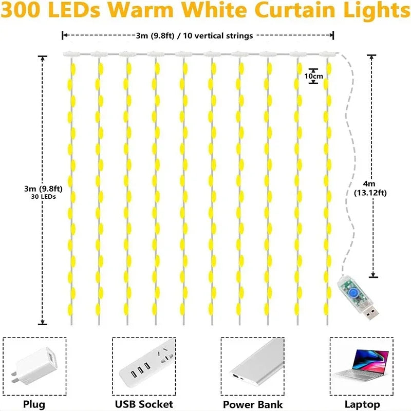 3M LED завеси String Lights Фея декорация USB Holiday Garland Lamp 8 режим за домашна градина Коледно парти Нова година сватба