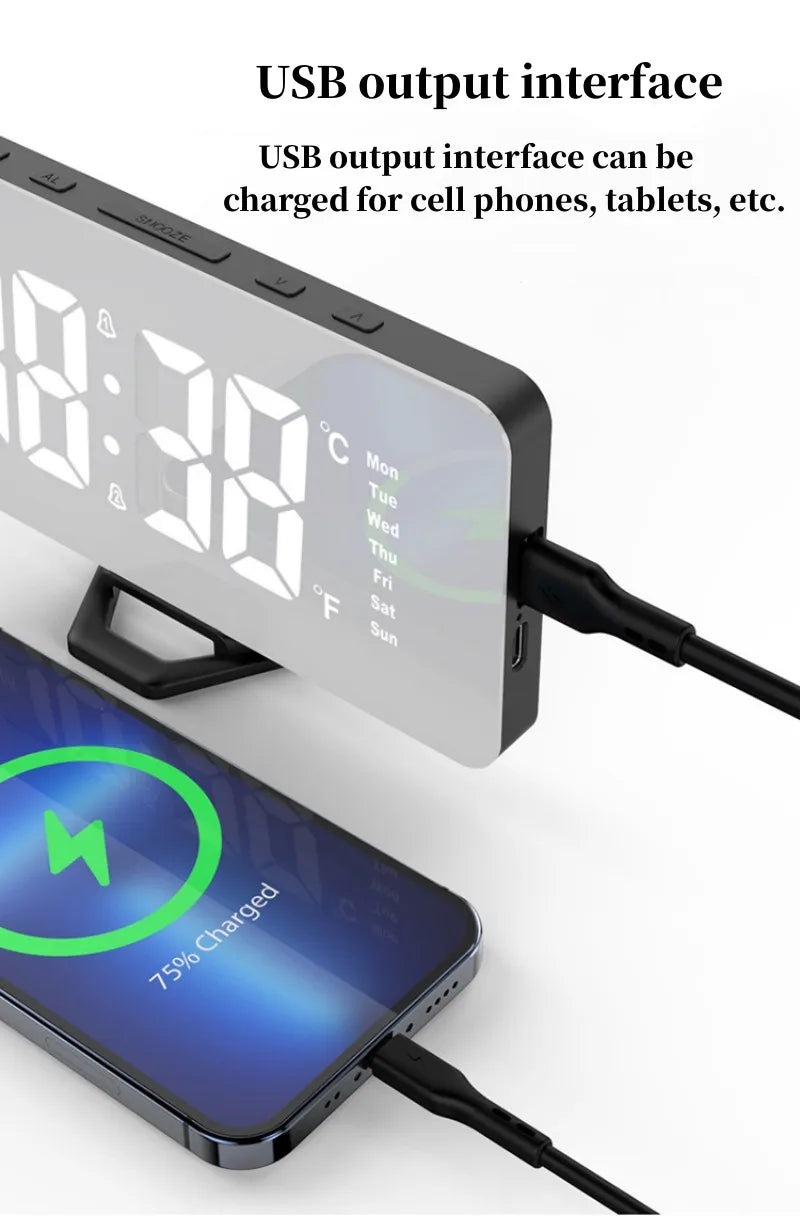 Spiegel digitaler Wecker Auto Dimm -Nachtmodus Tischuhr Touch Snooze USB Ausgang Ladung Dual Alarm Elektronische LED -Uhren