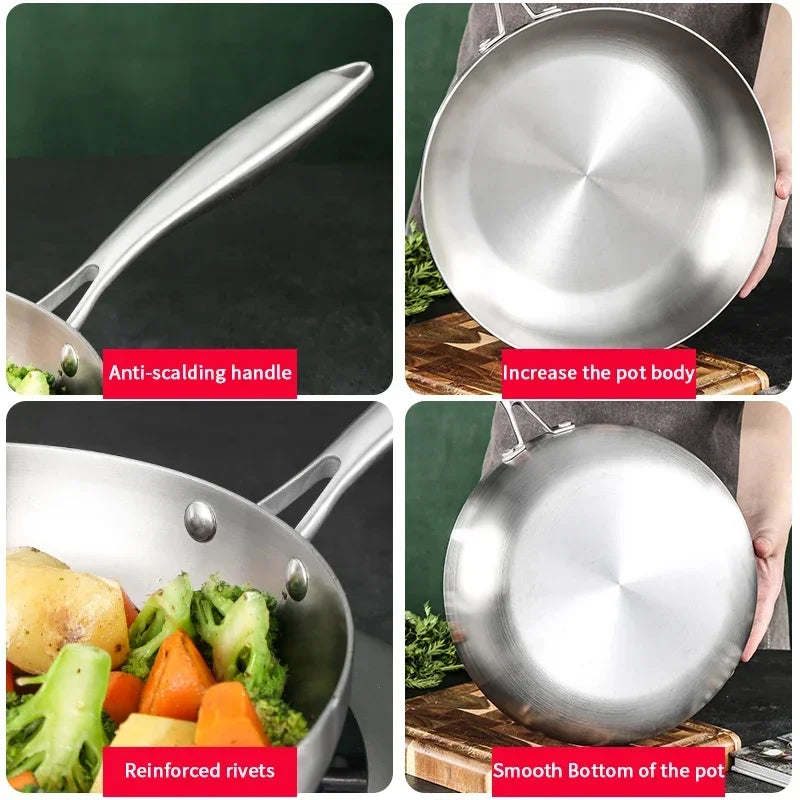 304 Stainless Steel Frying Pan, NonStick Pan Fried Steak Pot Uncoated Kitchen Cookware For Gas Stove and Induction Cooker