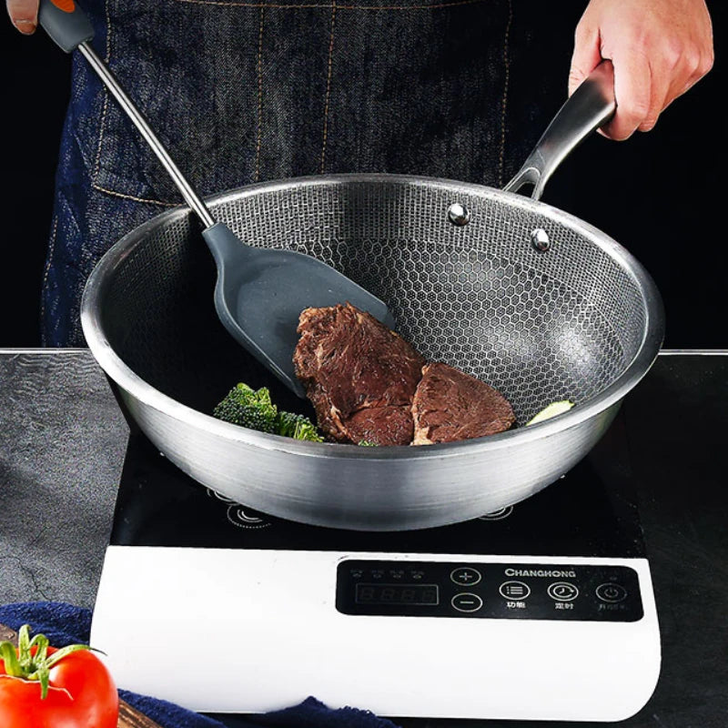 32cm Kitchen Wok Pan Uncoated Fying Pan 7-layer stainless Steel Forging For Electric, Induction and Gas Stoves Healthy Cookware