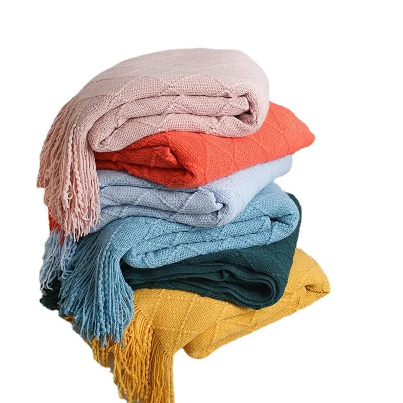 Nordic Knitted TV Blankets Bed End Decor Drop Ship Shawl Sofa Blanket with Tassels Scarf Sofa Emulation Fleece Throw Blanket