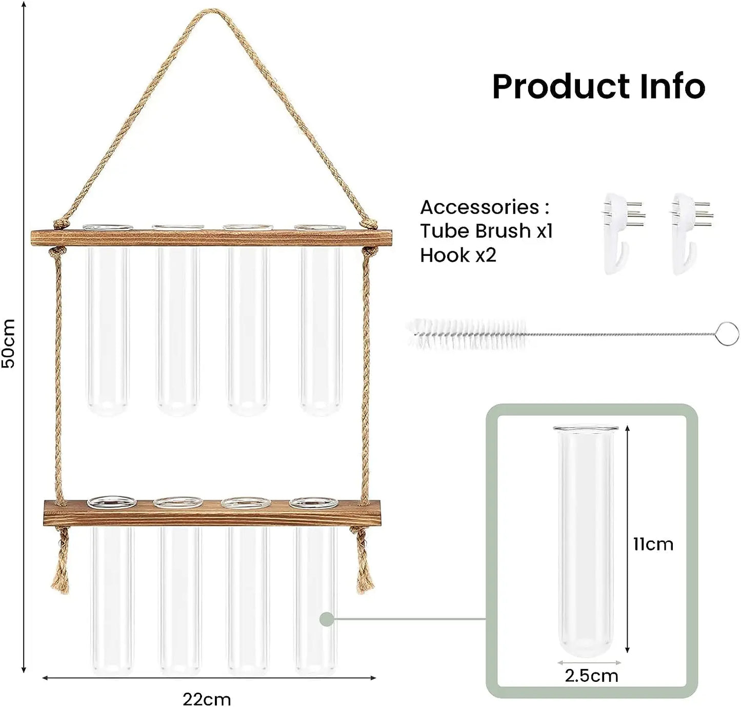 Wall Hanging Test Tube, Glass Planter Plant Vase with Wooden Stand & Strings Rope, Glass Planter Plant Terrarium (2 layer)