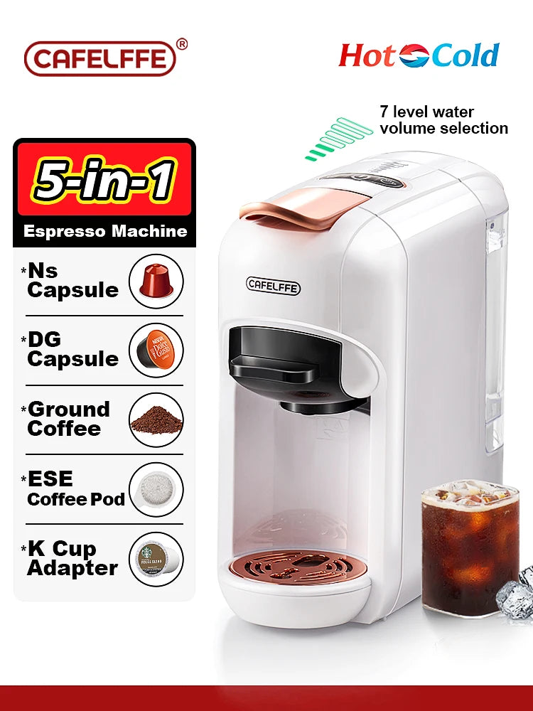 Cafelffe 5 in 1 Multiple Capsule Coffee Machine Hot/Cold DG Cappuccino Nespresso Capsule ESE Pod Ground Coffee Cafeteria 19Bar