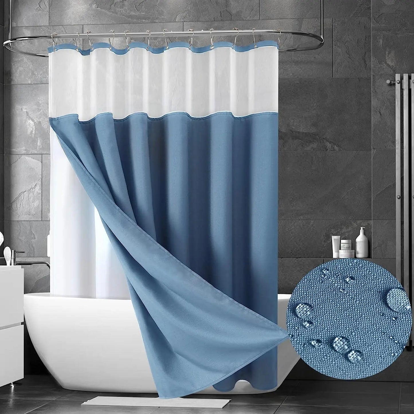 Double Layer Shower Curtain Waterproof Linen Bath Curtain Liner for Bathroom Bathtub Bathing Cover with Silver Metal Hooks