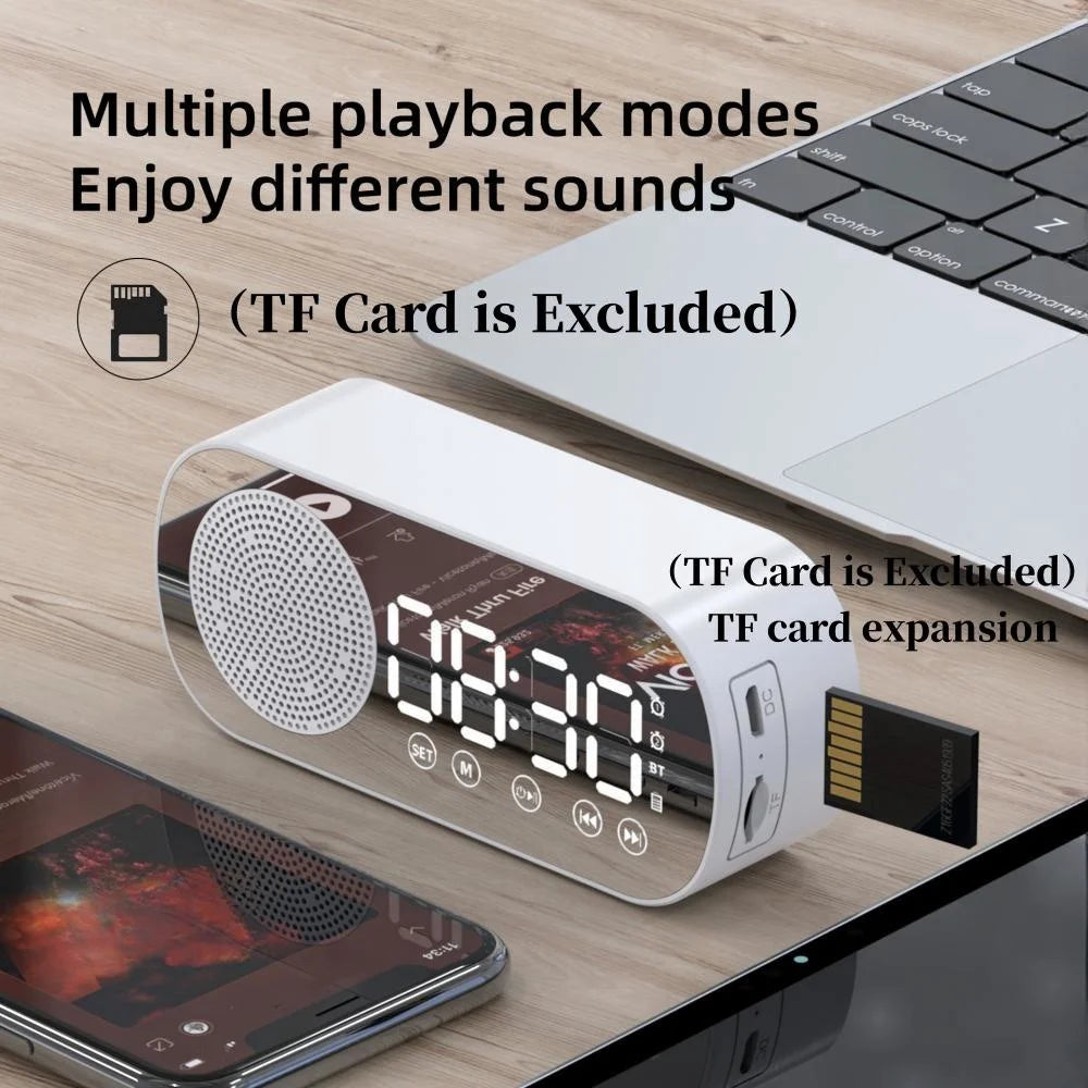 USB Plug-in Mirror Digital Alarm Clock Timer Support TF FM Radio 2 Alarms Wireless Speaker Subwoofer Desktop Music Player