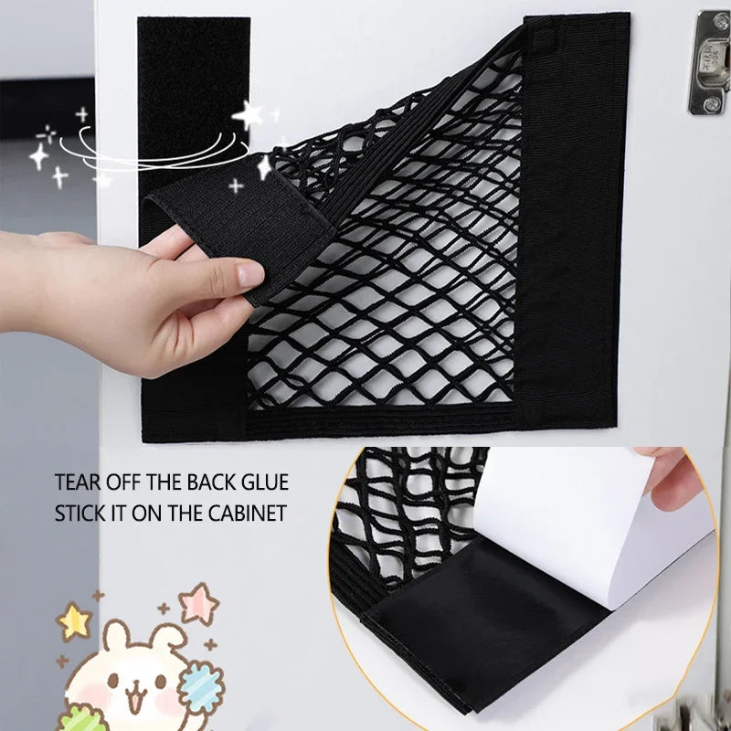 Almacenamiento del bolsillo para la red de la red para el gabinete de la cocina adhesiva adhesiva bolsillo de bolsillo elástico de bolsillo elástico con cinta de nylon organizador de automóviles