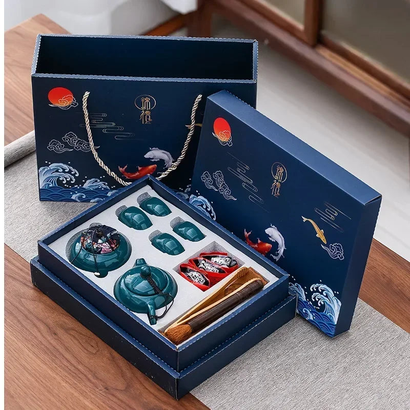 Kungfu Tea Set Incenso Burner Gift Box cerimonia una pentola a quattro tazze Can Sandalwood Slustra Ceramica cinese Portante nella barra della tazza d'auto