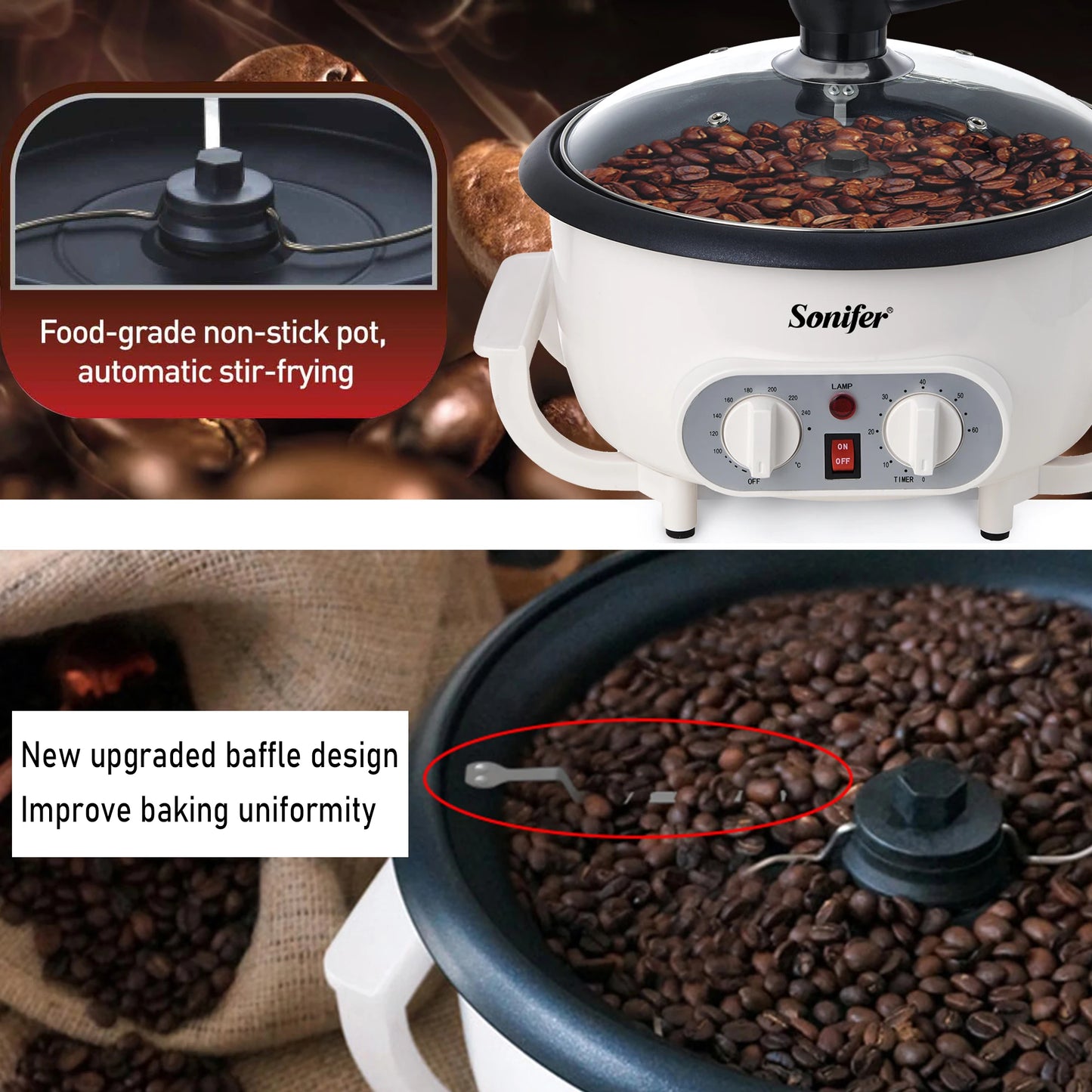 Electric Coffee Bean Roaster Coffee Baked Peanut Beans Baking Stove Popcorn Make Dryer Roasting Machine Grain Drying Sonifer