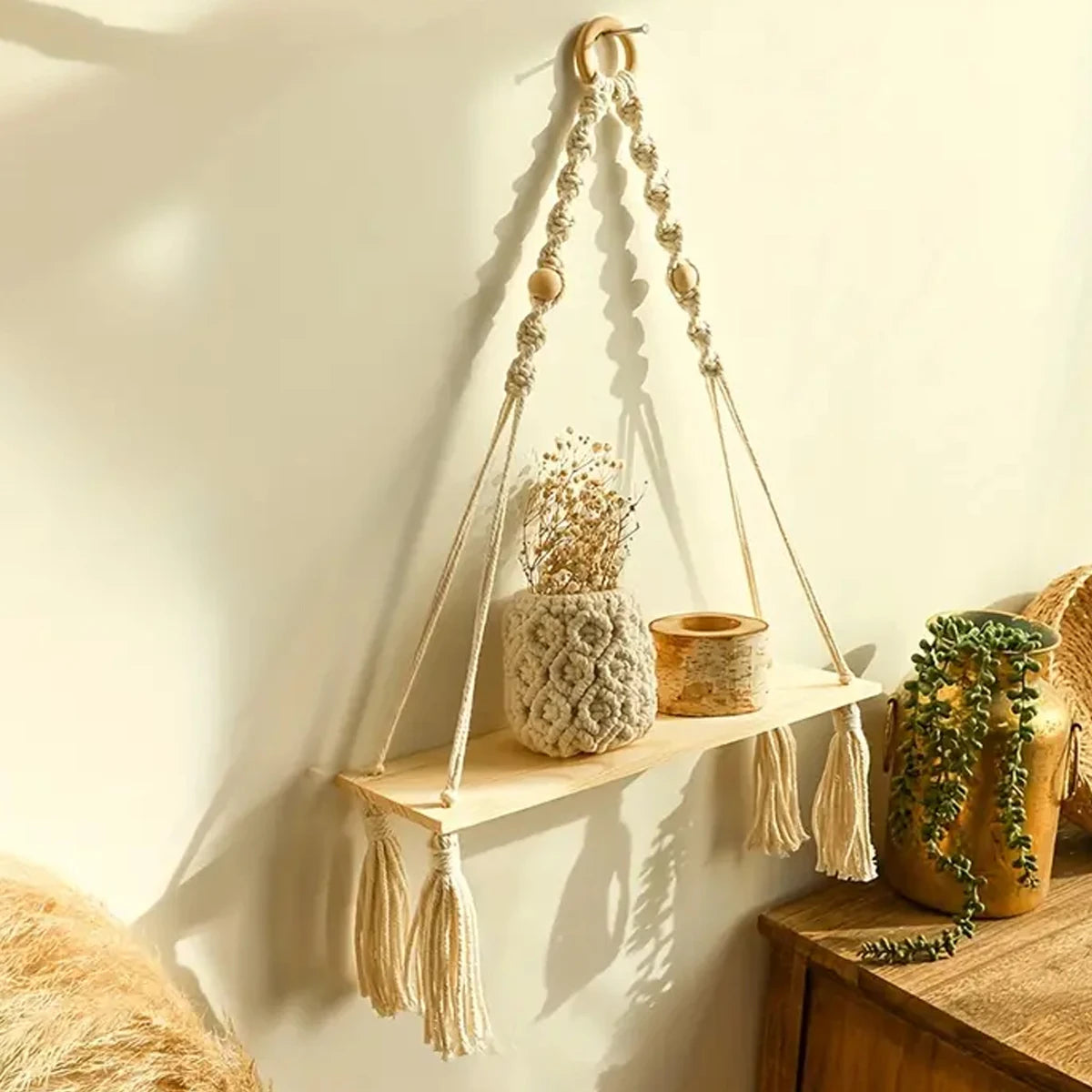 Macrame κρέμονται ράφι boho τοίχο διακόσμηση κρεβατοκάμαρα 1 pc urustic ξύλο πλωτά ράφια για αίθουσα νηπιαγωγείο μπάνιο σαλόνι κολέγιο