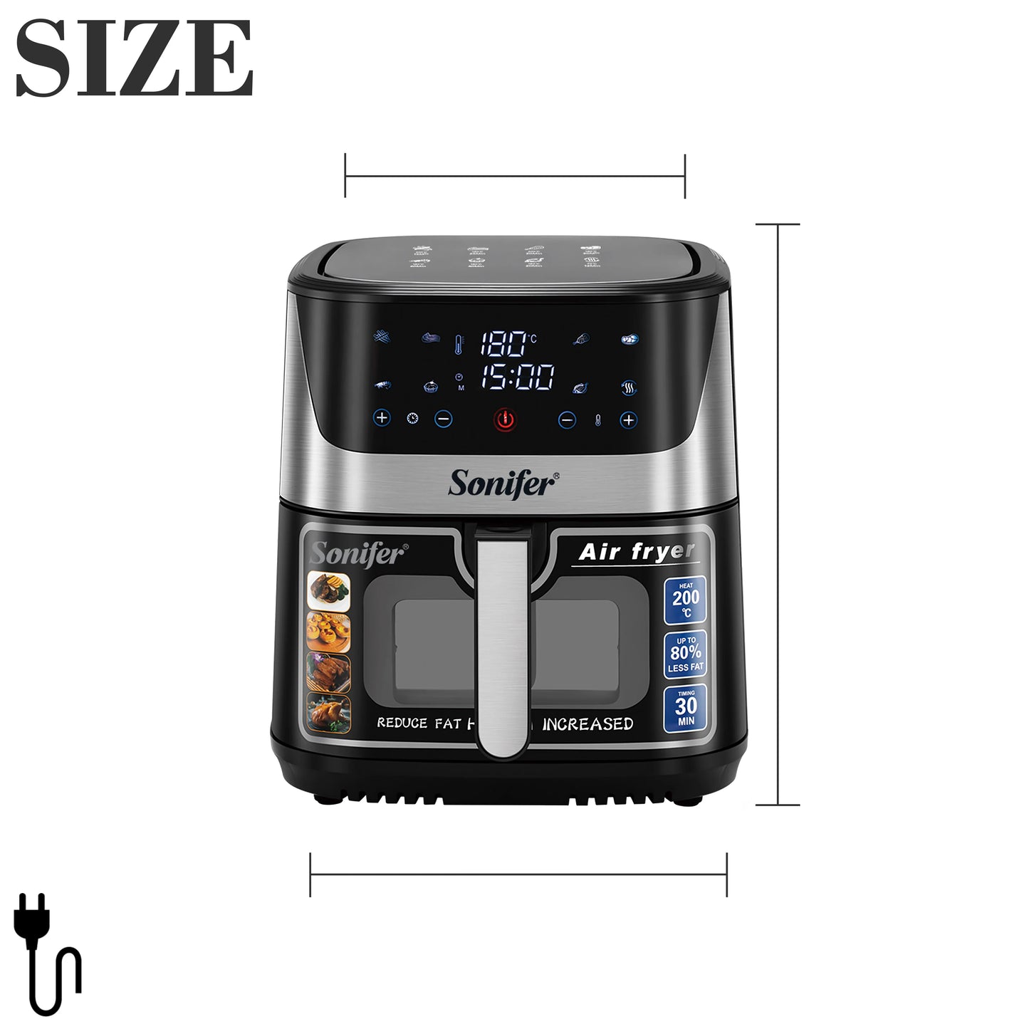 Sonifer Air Fryer SF-1034. Capaciteit van de pot: 8.5L. Temperatuurregeling: 80-200 ° C Tijdregeling: 1-60 minuten. LEED Display en Touc
