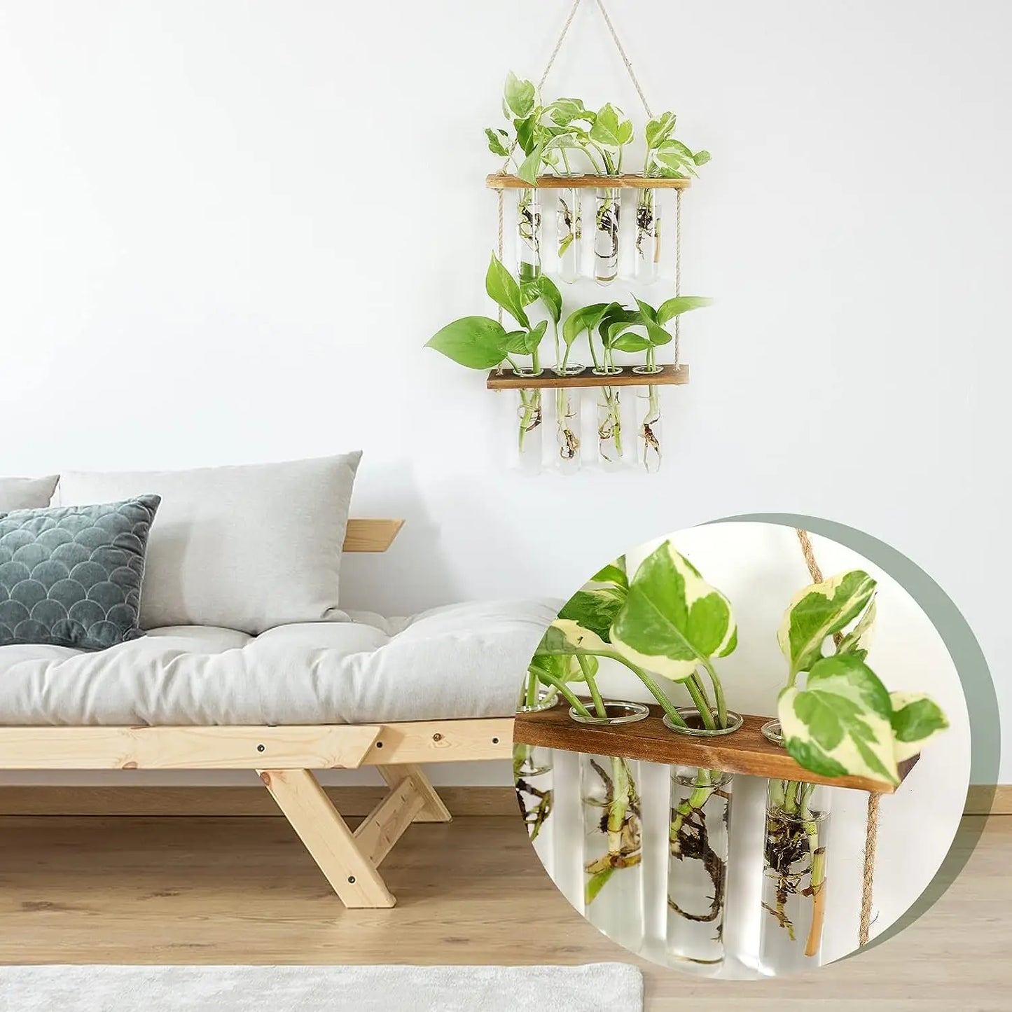 Wall Hanging Test Tube, Glass Planter Plant Vase with Wooden Stand & Strings Rope, Glass Planter Plant Terrarium (2 layer)