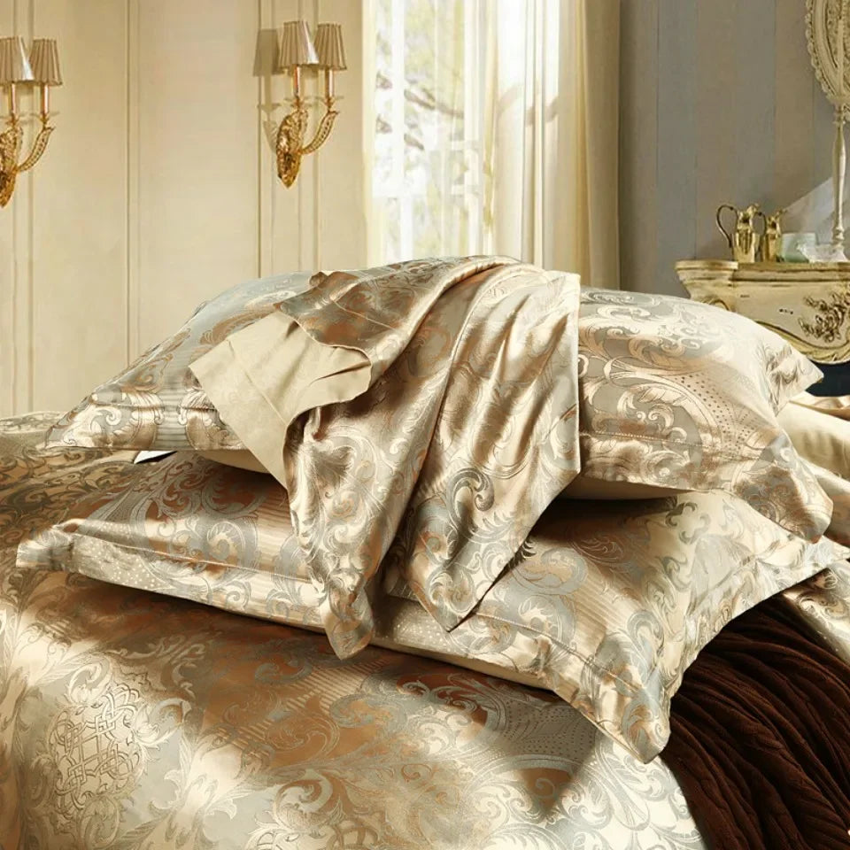 2/3PCS Luxury Jacquard Bedding Set King Size Duvet Cover Flower Golden High Quality with 2 Pillowcase(single 1 Pillowcase)