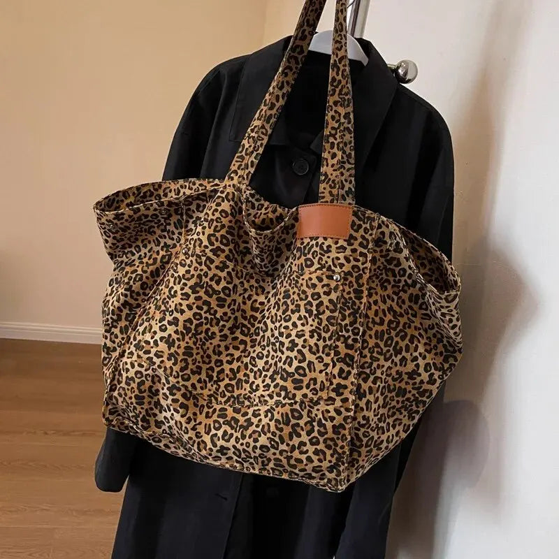 Leopard Pattern Tote Bag Vintage Canvas ramenní taška módní velká kabelka pro školní práce