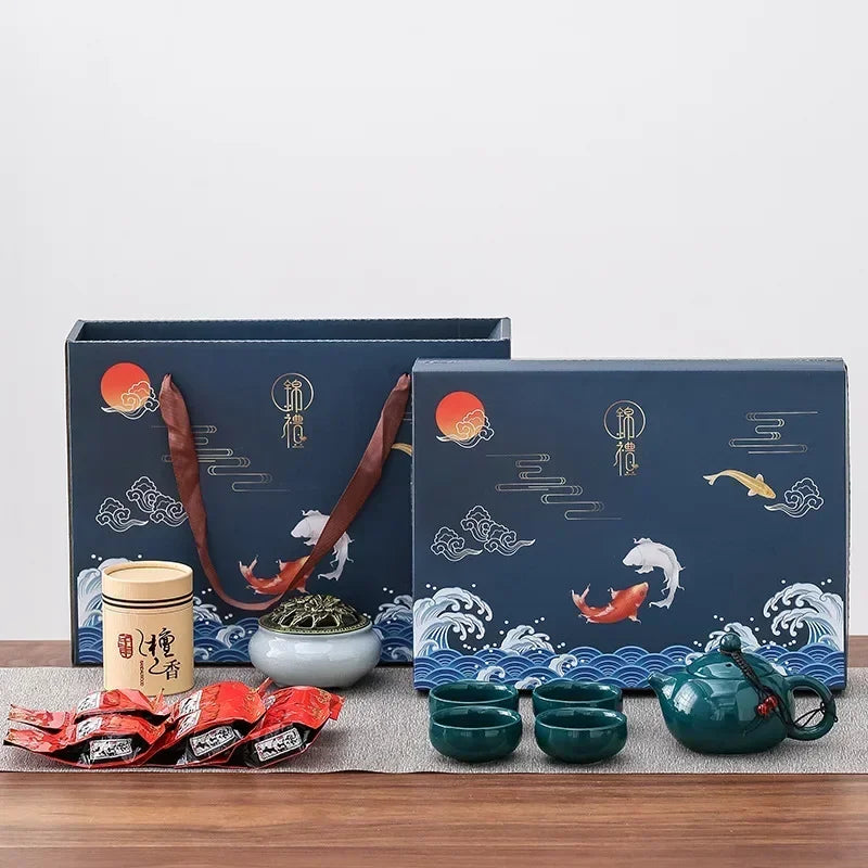 Kungfu Tea Set Incenso Burner Gift Box cerimonia una pentola a quattro tazze Can Sandalwood Slustra Ceramica cinese Portante nella barra della tazza d'auto