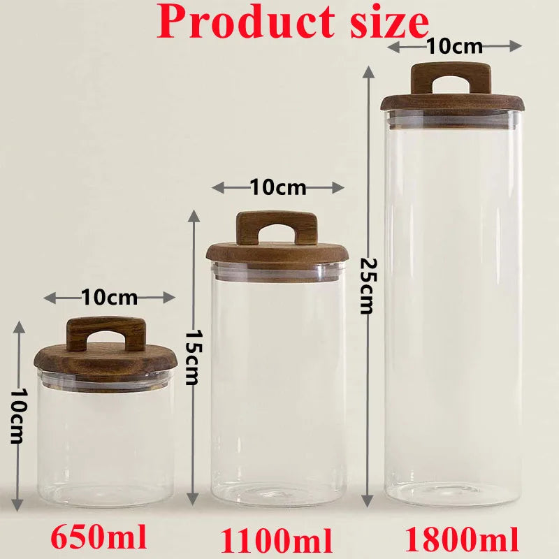 650/1100/1800ml Glass Food Storage Tank with Wooden Lid Kitchen Coffee Beans Candy Tea Grains Canister Home Snacks Storage Jar
