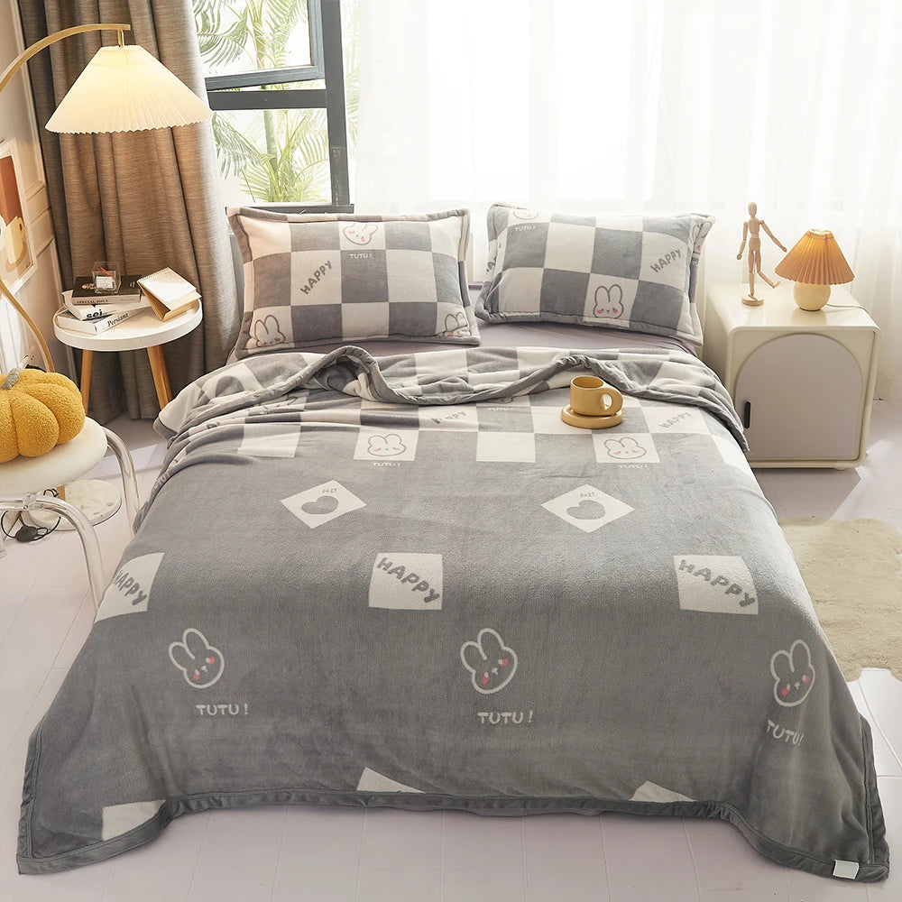 Winter Warm Plaid Blanket Comfortable Blanket Cartoon Bed Cover Solid Color Office Multifunction Travel Blanket