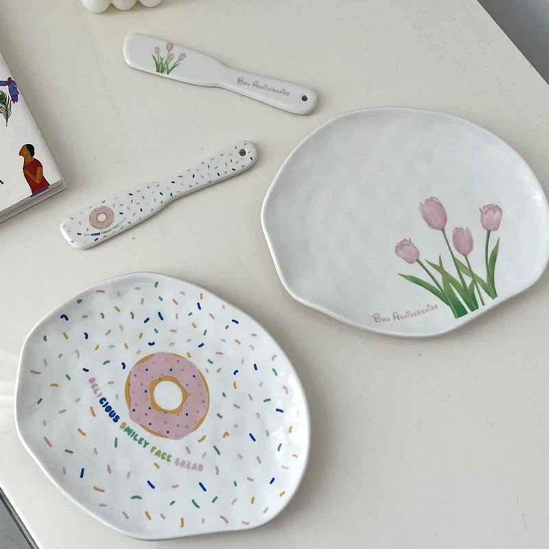 Ceramic Plate Dinner Set INS Lovely Tulip Donuts Butter Cheese Knife French Dessert Plate Jam Cream Spatula Wedding Tableware