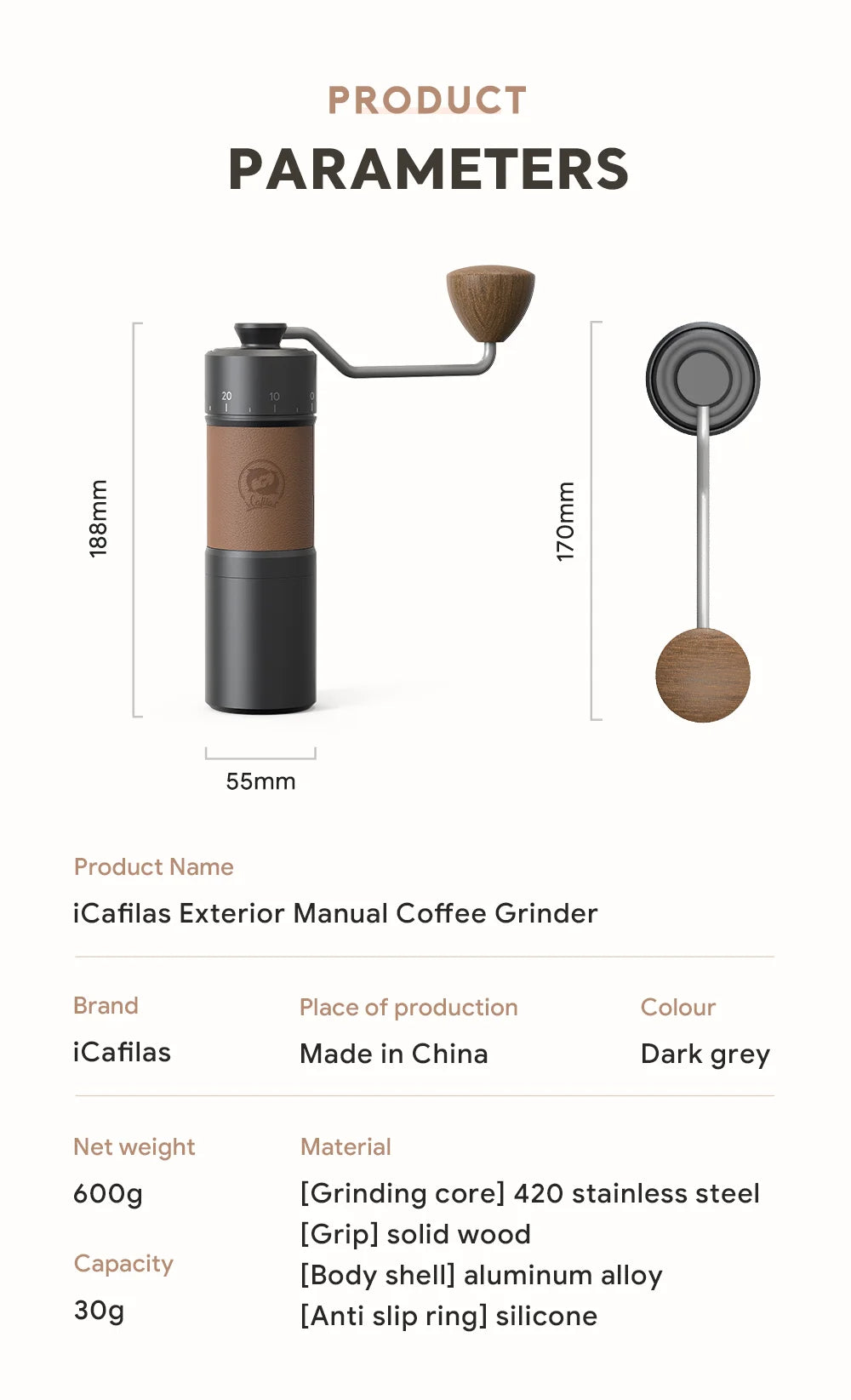 iCafilas Coffee Grinder Manual 420 stainless Steel 30g Coffee Power 7core 40mm Titanium Plating Burr Hand Grinder