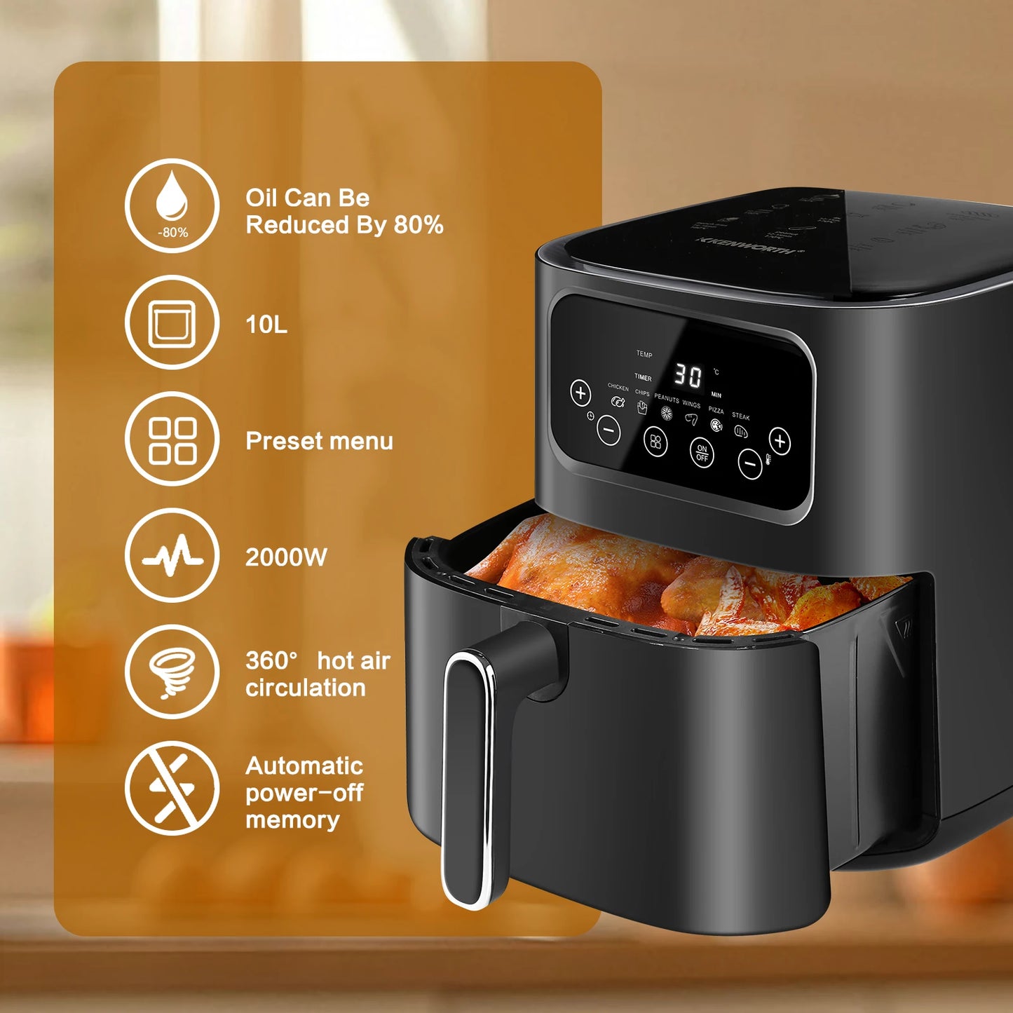 EXSAMO 10L Large Capacity Smart Electronic Digital Deep Fryers Oven Without Oil 2000W Multi-Function With Touchscreen Air Fryer