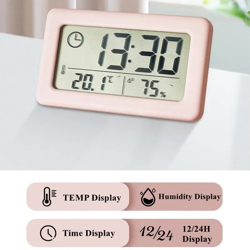 Mini digitaalinen kelloelektroniikan lämpötila ja kosteus Kannettava työpöydän kellon lämpömittari Hygrometri 12/24h Akkukäyttöinen