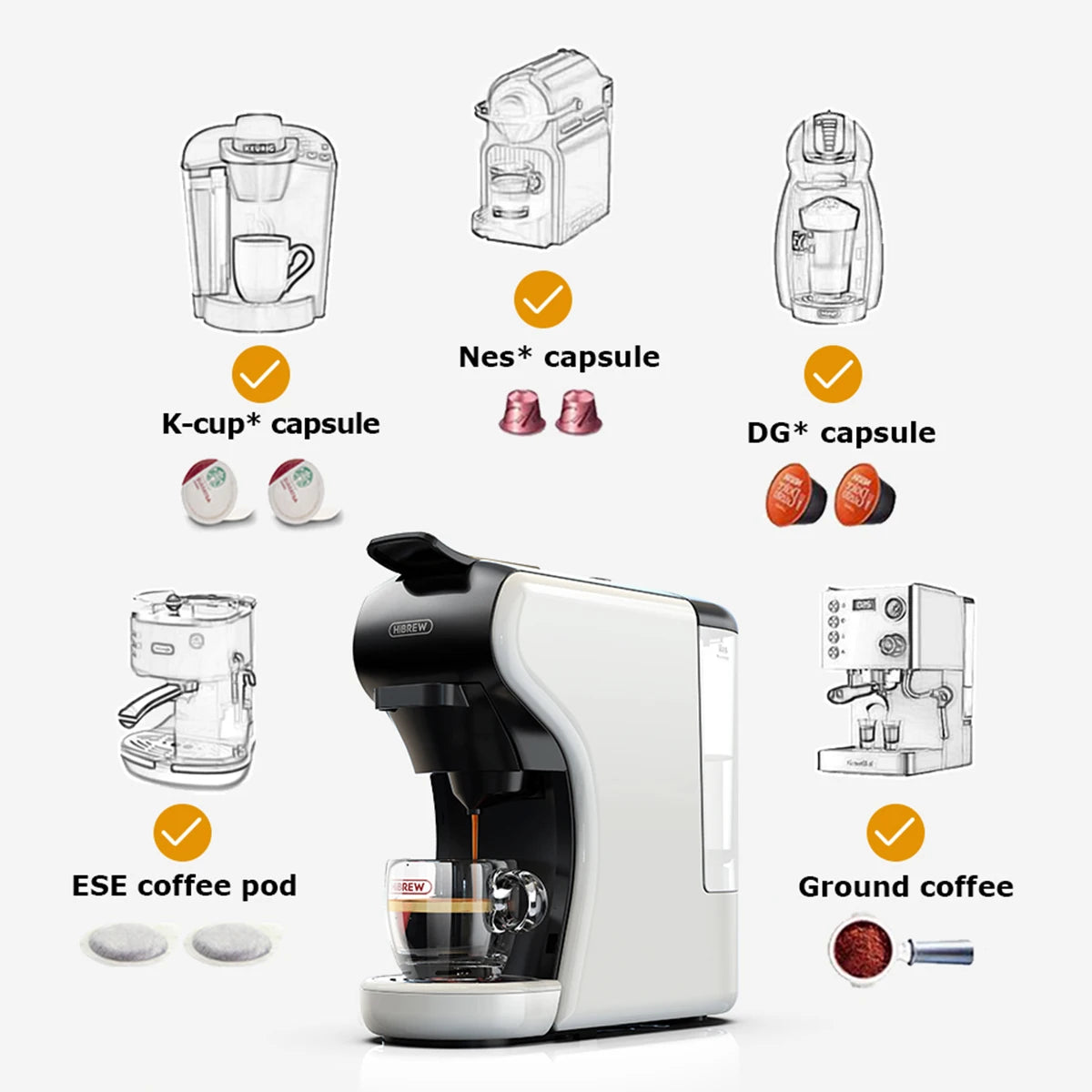 Hibrew 4 в 1 множество капсулни кафемашини Пълен автоматичен с горещо и студено мляко пенообразна машина Frother & Plastic Table Set