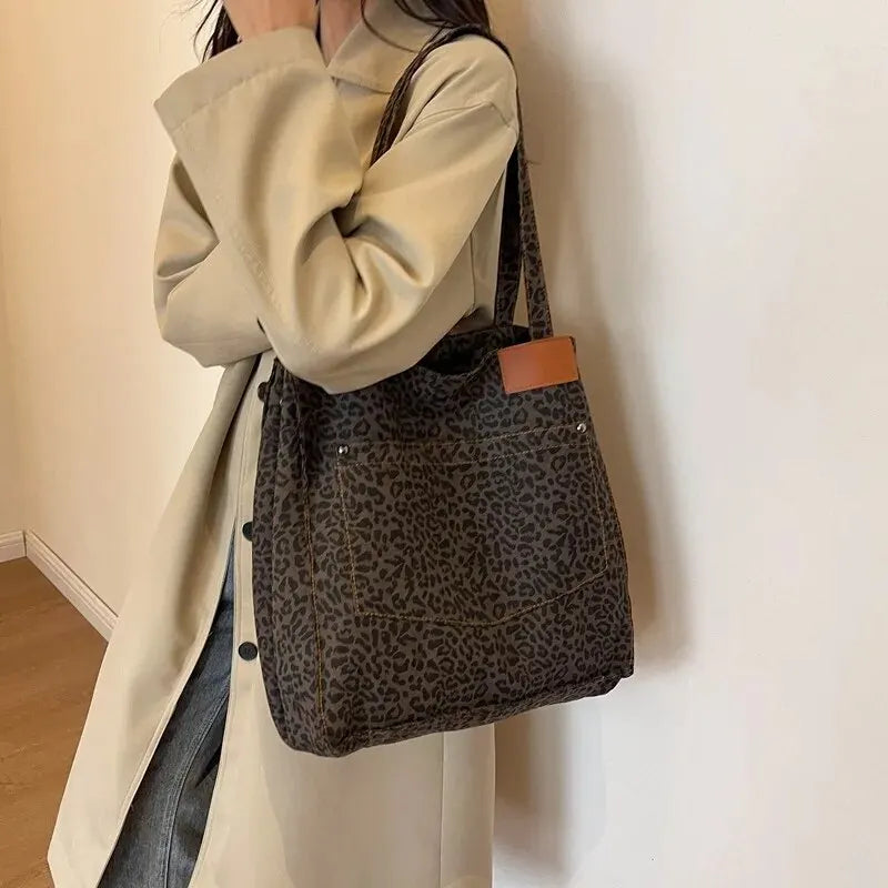 Leopard Pattern Tote Bag Vintage Canvas ramenní taška módní velká kabelka pro školní práce
