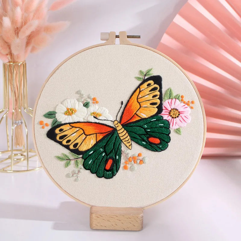 DIY Embroidery Kit Butterfly Printed Pattern for Beginner Cross Stitch Set Needlework Hoop Handmade Sewing Art Craft Kit