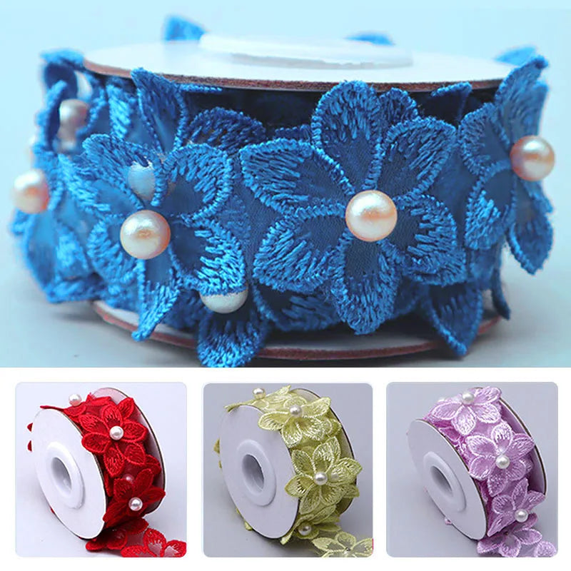 Flower Organza Ribbon Pearl Beaded Embroidered Lace Ribbon Trim Fabric Handmade Wedding Dress DIY Clothing Sewing Supplies