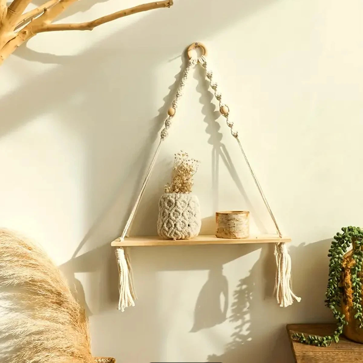 Macrame κρέμονται ράφι boho τοίχο διακόσμηση κρεβατοκάμαρα 1 pc urustic ξύλο πλωτά ράφια για αίθουσα νηπιαγωγείο μπάνιο σαλόνι κολέγιο
