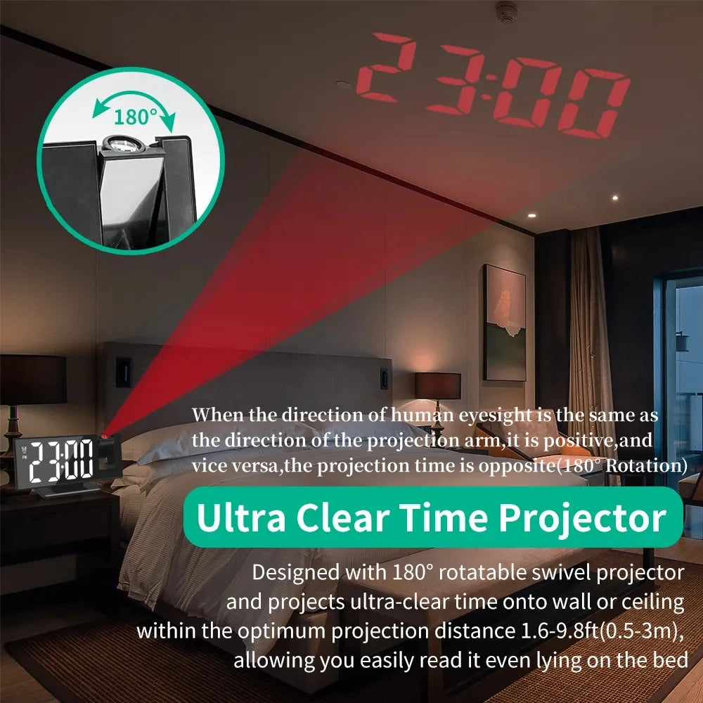 USB Powered Digital Alarm Clock 180° Arm Projection Alarm Clock Time Temperature Snooze Table Clock 12/24H Projector LED Clock